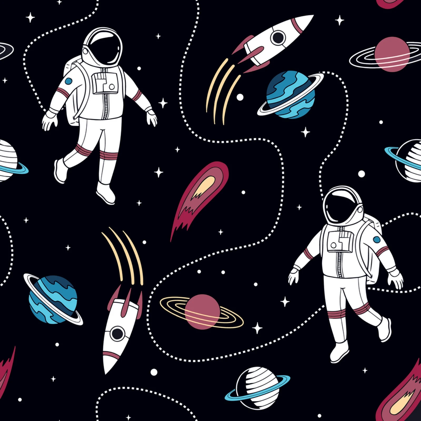 Astronaut & Rocket Heavy Twill Bonded Fabric 250 GSM | Black